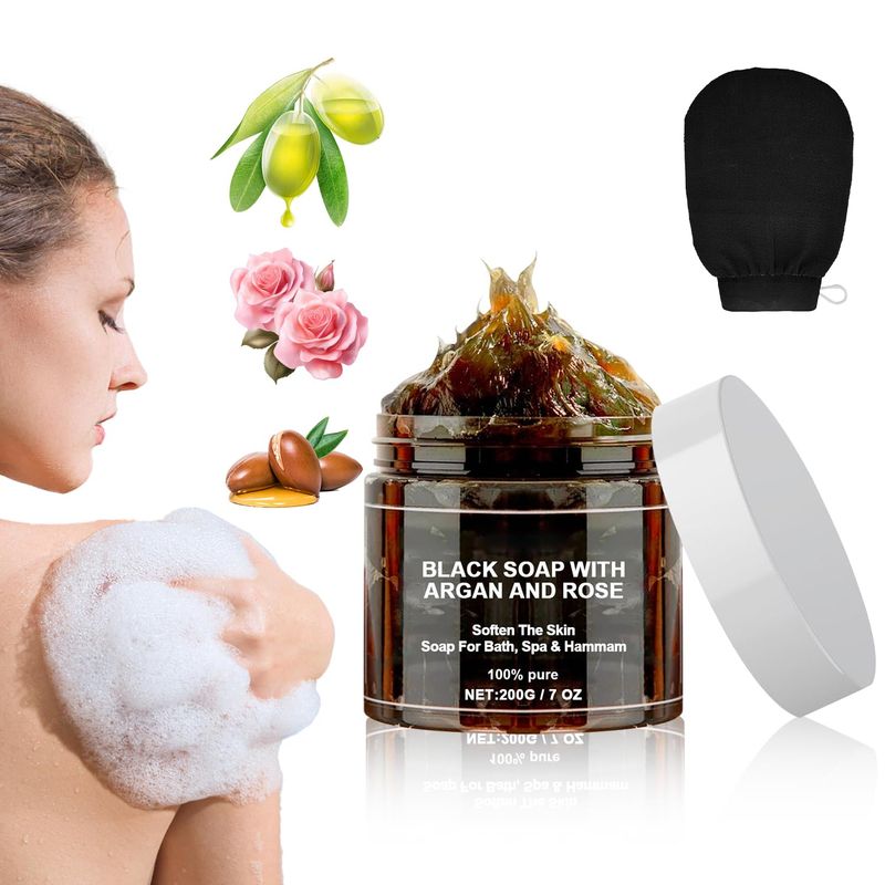 Morocco Black Soap With Argan And Rose, Zawina Morocco Black Beldi Soaps, Blacks Soap Bar Exfoliating Soaps, Zawina Moroccan BlackSoap Hammam, Moroccos Body Scrub with Exfoliating Glove (1)