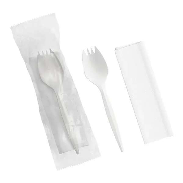 Cutlery Medium Weight White Wrapped Polypropylene Plastic Spork, Napkin, and Salt / Pepper Packets Kit - 500/Case