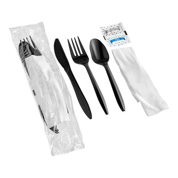 Cutlery Medium Weight Black Wrapped Polypropylene Plastic Cutlery Set with Napkin and Salt and Pepper Packets - 250/Case