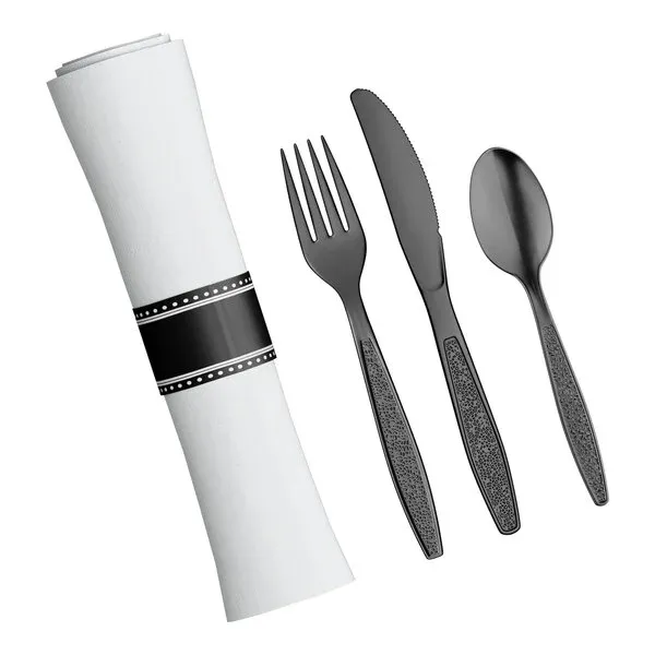 Cutlery 17" x 17" White Pre-Rolled Linen-Feel Napkin and Black Heavy Weight Plastic Cutlery Set - 100/Case