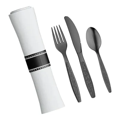 Cutlery 17" x 17" White Pre-Rolled Linen-Feel Napkin and Black Heavy Weight Plastic Cutlery Set - 100/Case