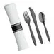 Cutlery 17" x 17" White Pre-Rolled Linen-Feel Napkin and Black Heavy Weight Plastic Cutlery Set - 100/Case