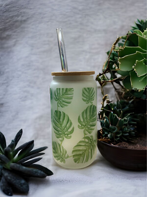 Monstera Leaf Frosted Glass Can