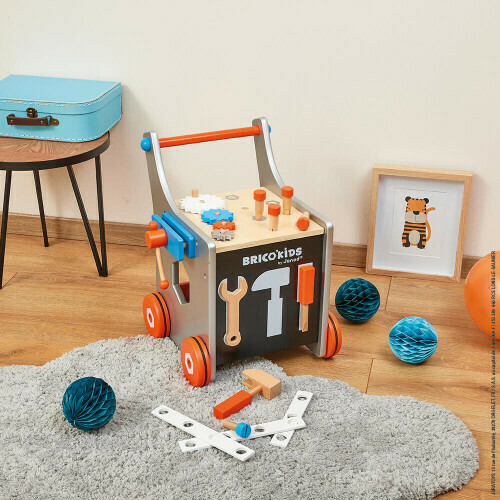 Brico'Kids chariot avec outils 25 pièces en bois Janod, établi à roulettes pour pousser