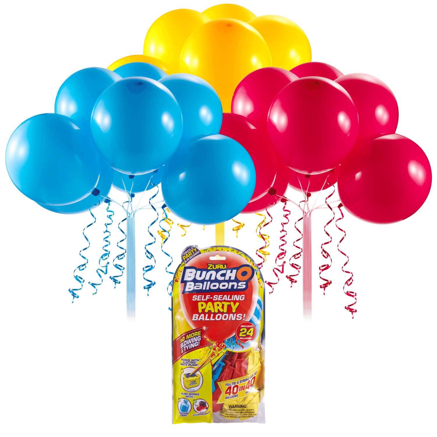 Buncho Balloons bleu, rouge et jaune. Recharge de 24 ballons