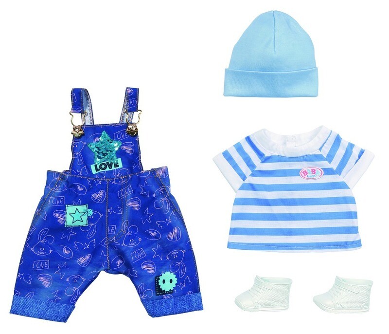 Baby Born set vêtement salopette, t-shirt, bonnet et chaussures pour poupée de  43 cm