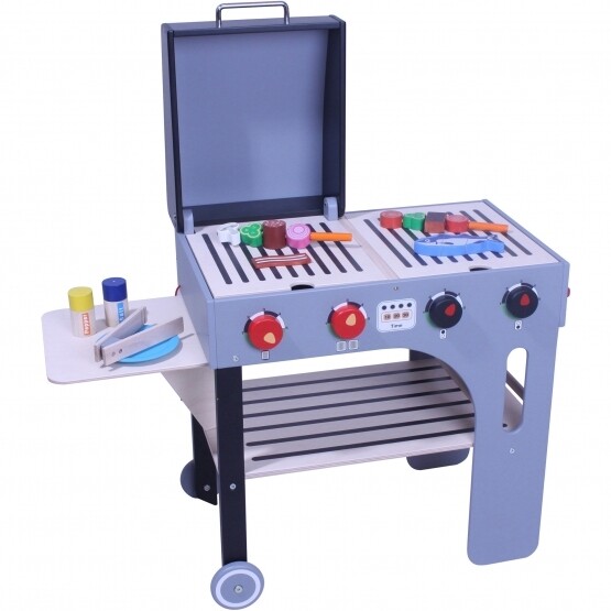 Spielba Barbecue et plancha en bois sur roulettes, avec accessoires pour tes grillades