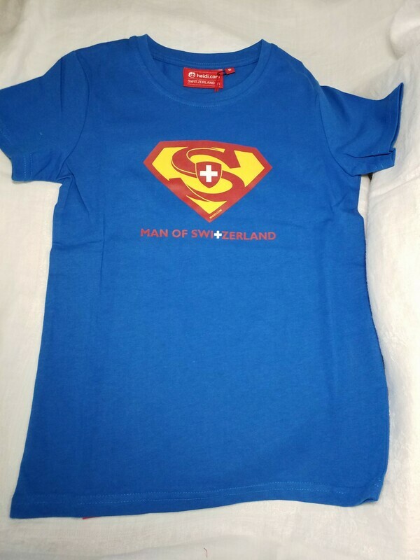 T-shirt bleu avec logo Superman et croix Suisse Man of Switzerland