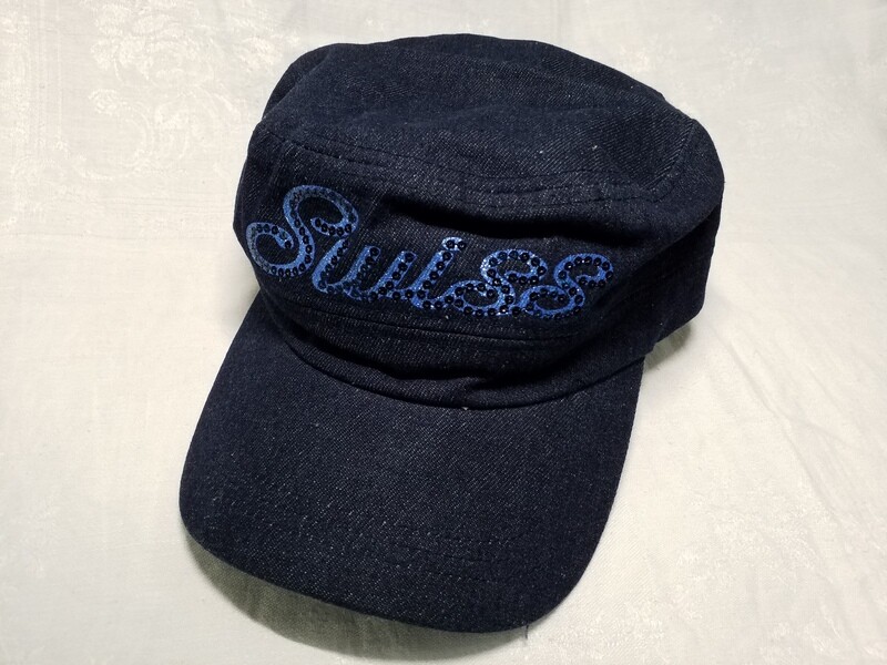 Casquette jeans bleue foncée imprimée Swiss - Suisse pailletée