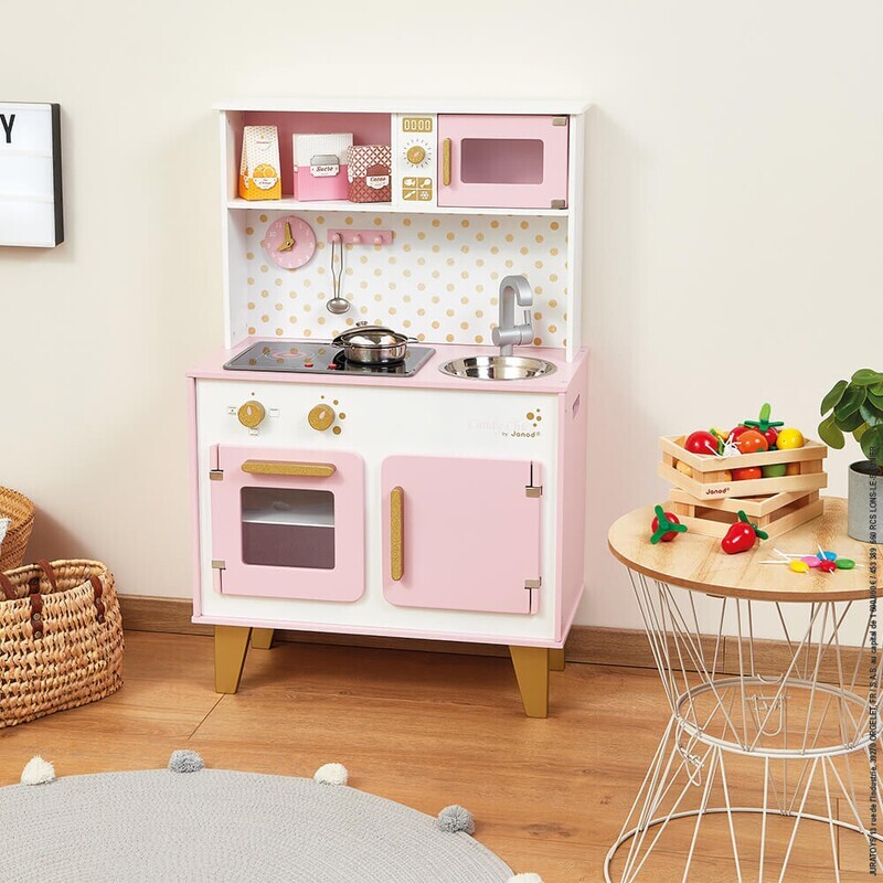 Cuisinière Candy chic Janod 3-8 ans, jeu symbolique de quallité supérieur en bois, cuisine