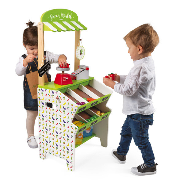 Janod, Marché en bois, avec fruits et légumes, qualité supérieur