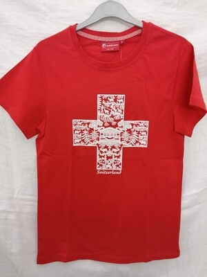 Tee shirt rouge avec croix Suisse en découpage