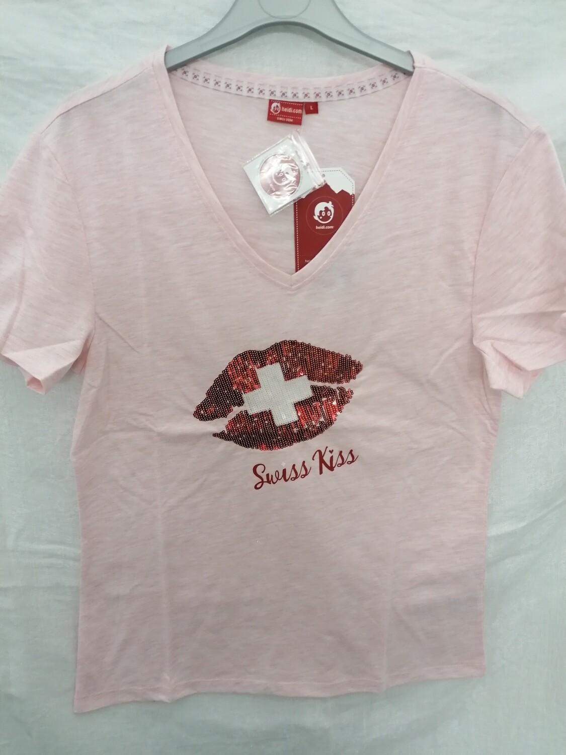 T-shirt rose pâle avec bouche en sequins Swiss - Suisse Kiss