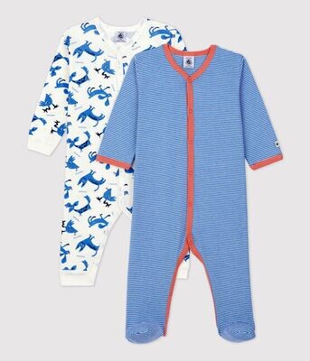Lot de 2 pyjamas, bleu roi, uni et imprimé animaux rigolos Petit Bateau