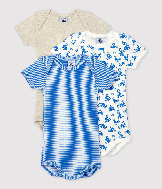 Lot de 3 bodys manches courtes, unis, motif singes et rayé Petit Bateau