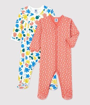 Lot de 2 pyjamas, couleurs papaye, imprimé fleurs, fruits Petit Bateau