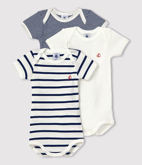 Lot de 3 bodys manches courtes, rayé marine, uni Petit Bateau