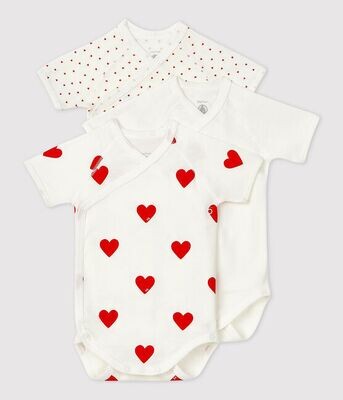 Lot de 3 bodys croisés, manches courtes, coeurs rouges, uni Petit Bateau