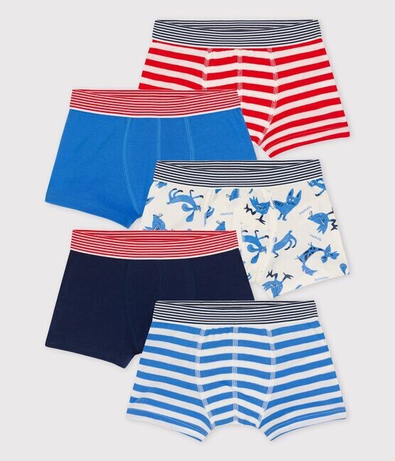 Lot de 5 boxers, ton de bleu, couleur assorti, Petit Bateau
