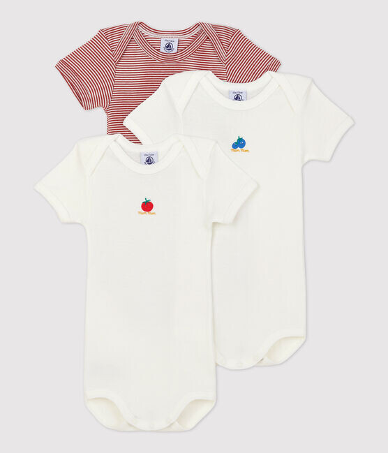 Lot de 3 bodys manches courtes, rayé et uni avec fruits