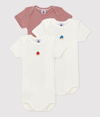 Lot de 3 bodys manches courtes, rayé et uni avec fruits