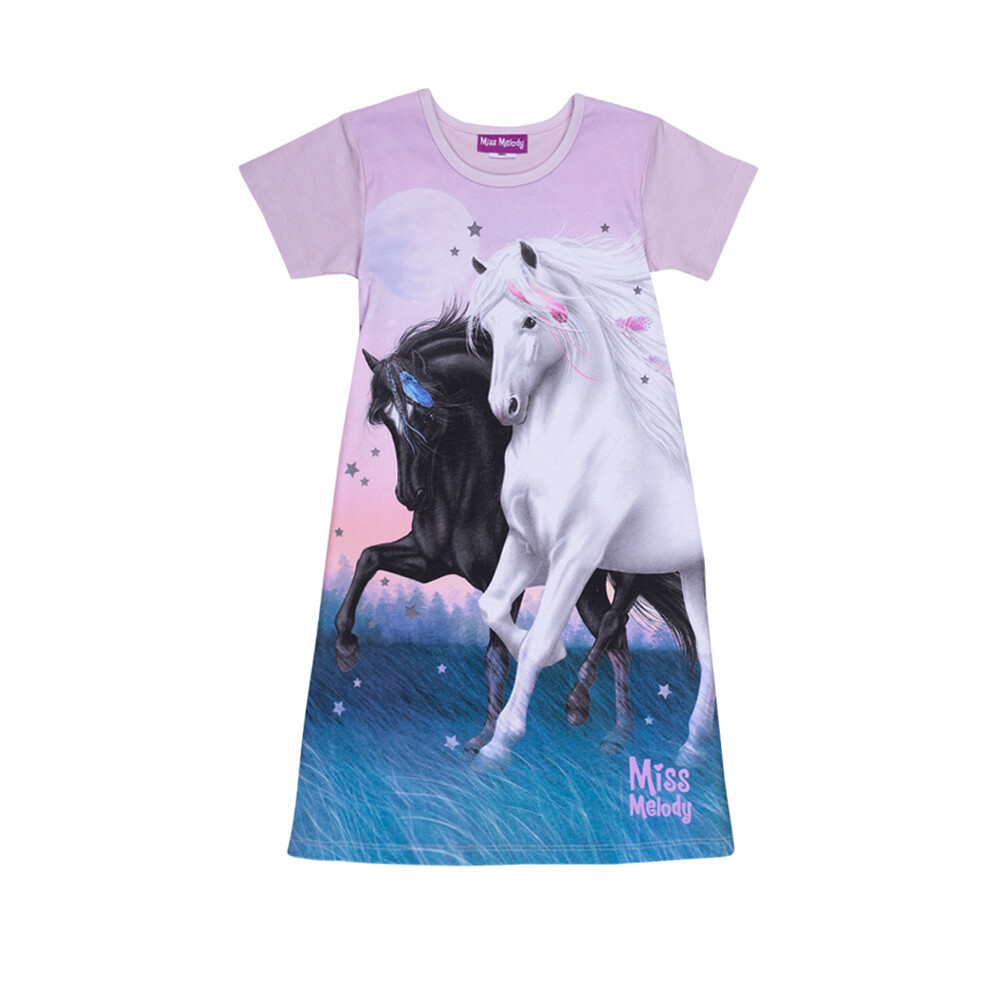 Chemise de nuit mauve et bleue Miss Melody avec 1 cheval noir et 1 cheval blanc