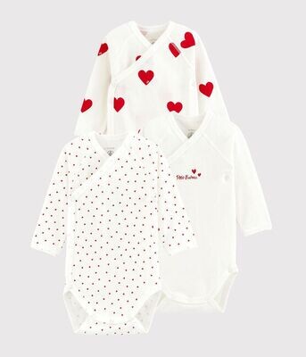 Petit Bateau Lot de 3 bodys croisés manches longues coeur