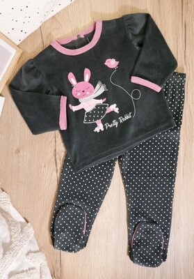 Pyjama velours 2 pièces lapin gris anthracite avec pieds