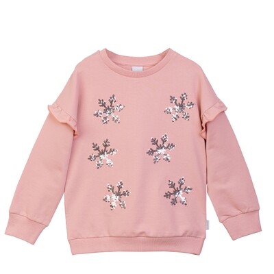 Pull rose poudré brodé de flocons de neige argenté en sequin, manches avec volants