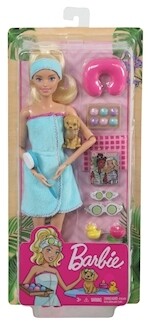 Barbie Bien-Être Spa poupée blonde, petit chien, accessoires spa, dès 3 ans