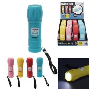 Lampe de poche LED couleurs et textes humoristiques, couleurs  assortis piles incluses 3x3x8cm