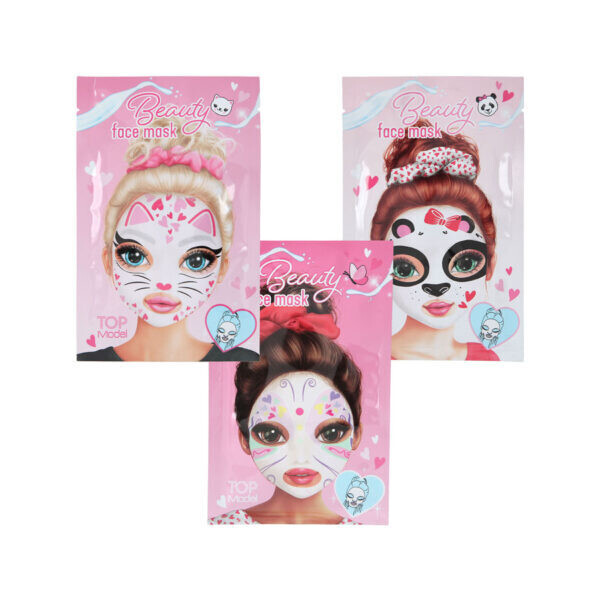 Masque hydratant visage en tissu assorti chat, panda et papillon Top Model