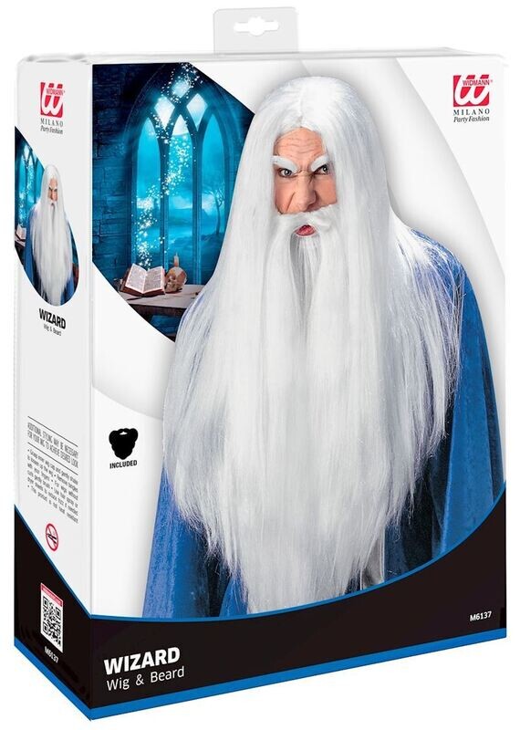 Perruque et longue barbe de magicien blanche, pour carnaval, soirée déguisée, Halloween