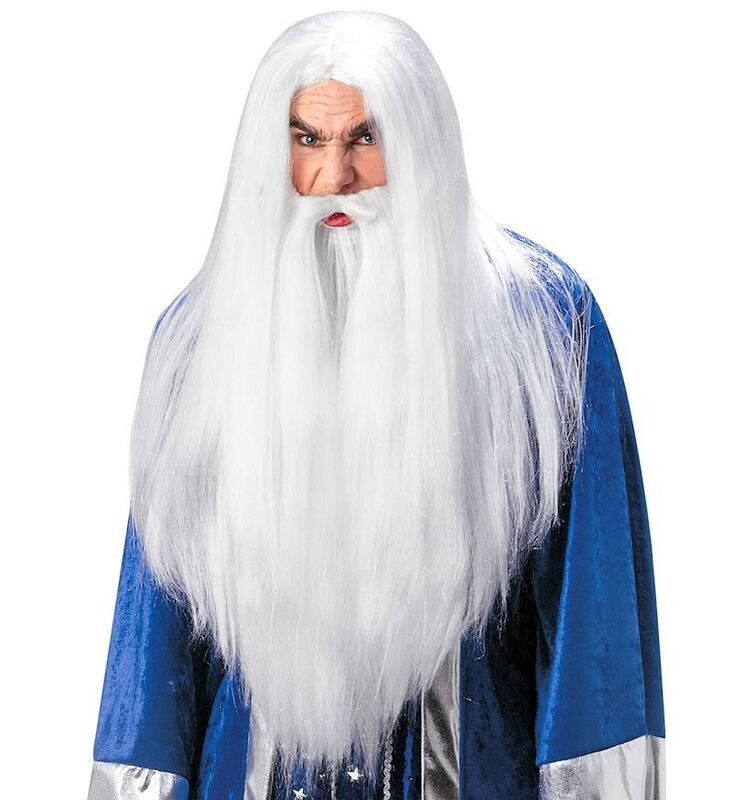 Perruque et longue barbe de magicien blanche, pour carnaval, soirée déguisée, Halloween