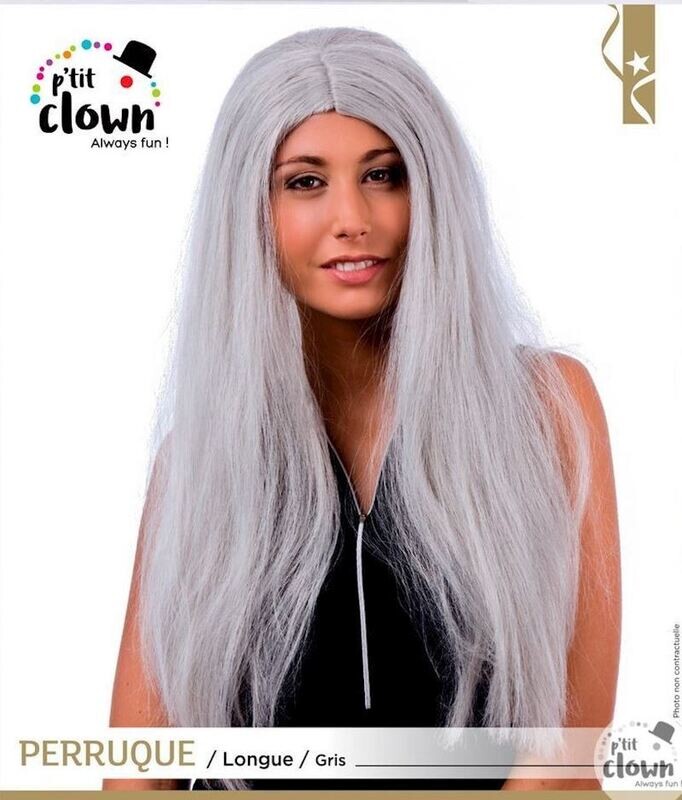Longue perruque grise-blanche, cheveux raide, pour carnaval, soirée déguisée, Halloween