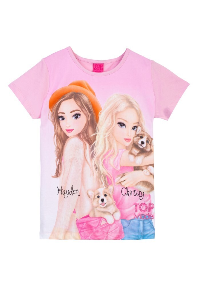 Tee-shirt Top Model rose avec 2 copines et 2 chiens