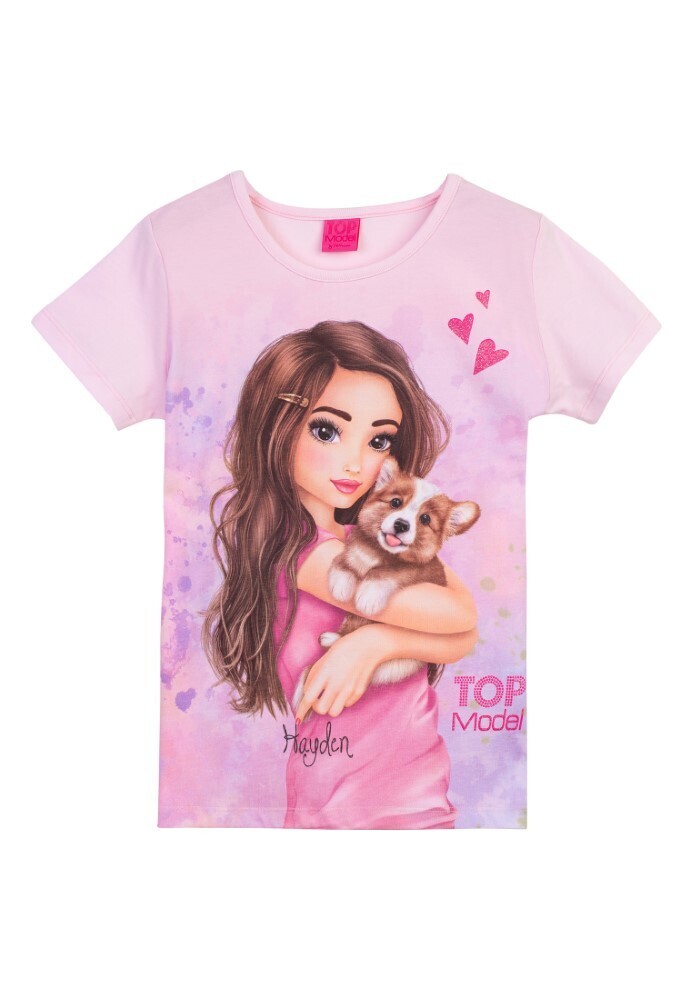 T-shirt Top Model rose avec fille brune et chien