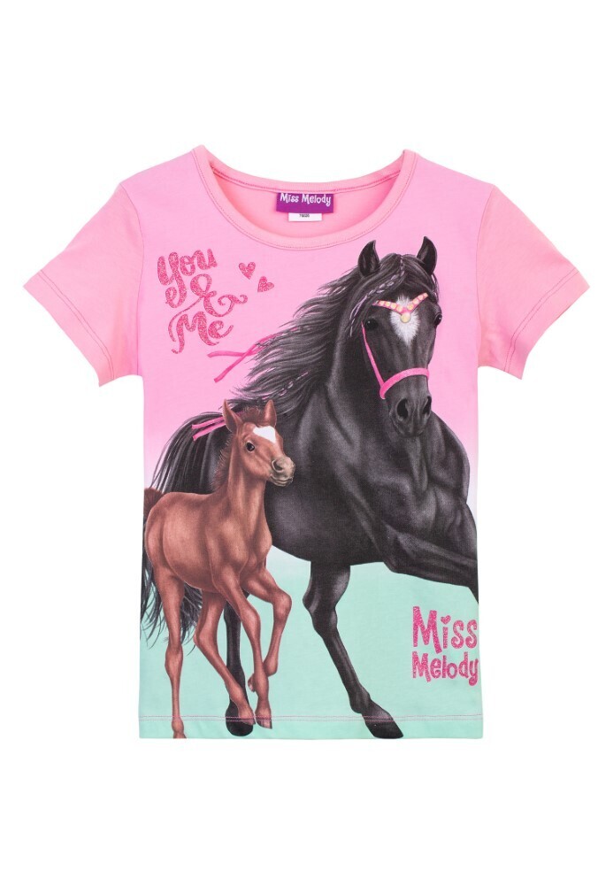 Tee-shirt Miss Melody rose avec cheval noir et poulain