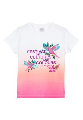 T-shirt blanc dégradé rose orange, imprimé colibris et fleurs