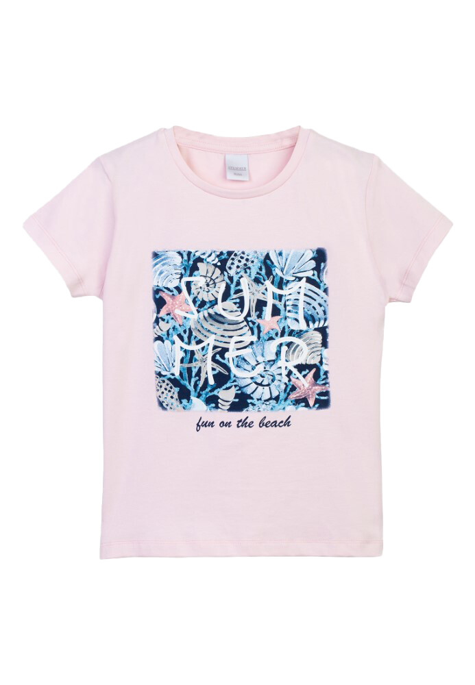 T-shirt rose pâle imprimé summer avec coquillages et étoiles de mer, fun on the beach