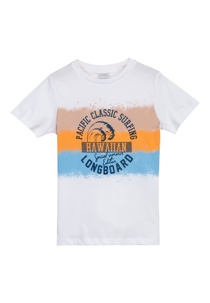 T-shirt blanc imprimé longboard 3 lignes de couleurs