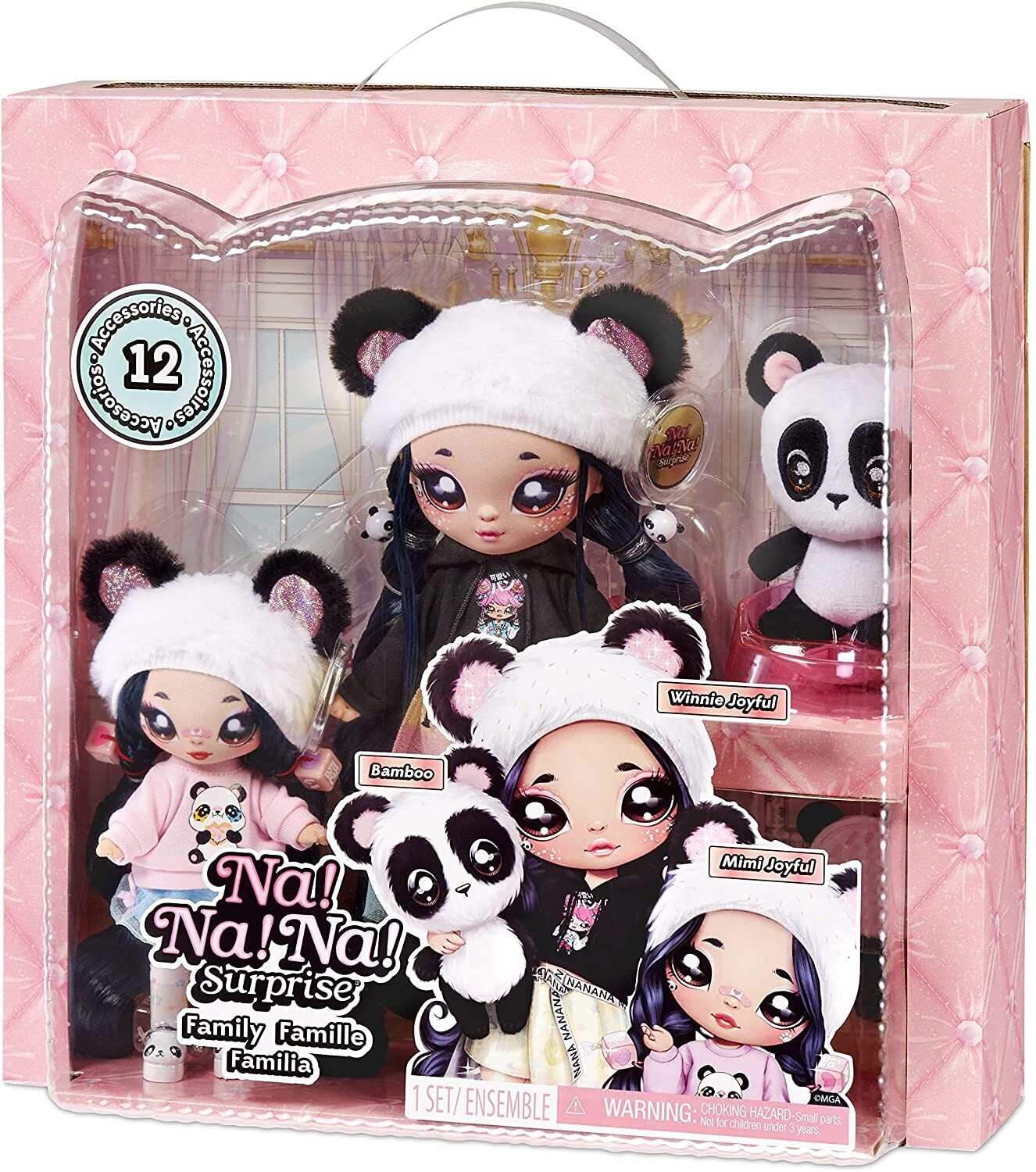 Na!Na Na Surprise Family Lot de 3 poupées avec 2 poupées mannequin & 1  animal, jouets pour enfants, Famille Panda avec poupées aux longs cheveux,  12 accessoires & tenues & 1 adorable panda en peluche