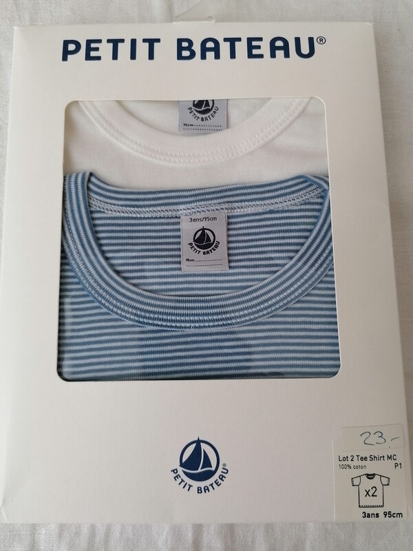 Lot de 2 t-shirt manches courtes Petit Bateau, 1 blanc uni et 1 rayé bleu blanc, 100% coton