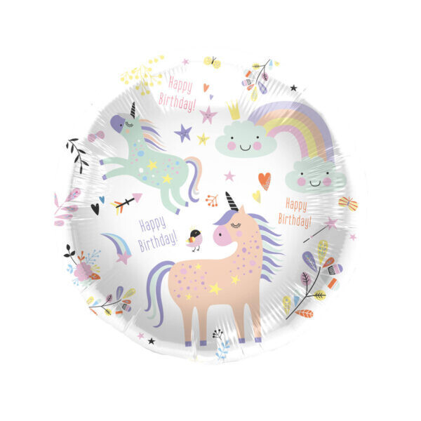 Ballon alu rond licorne, Joyeux Anniversaire,  Happy Birthday 45 cm, à gonfler soit avec de l'air ou de l'hélium
