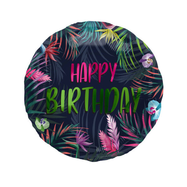 Ballon d'anniversaire alu Tropical Néon Happy Birthday 45 cm, à gonfler soit avec de l'air ou de l'hélium