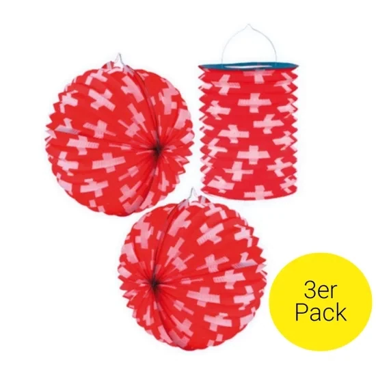 Set de 3  lampions avec petites croix Suisse, pour le 1er août Fête nationale