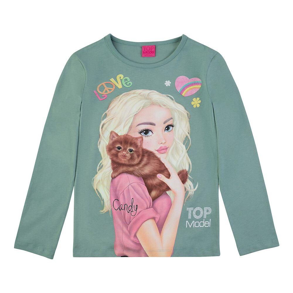 Pull manches longues couleur vert kaki love Candy avec chat roux Top Model