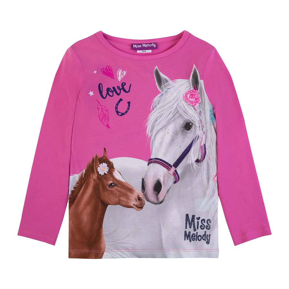 Pull manches longues rose framboise love cheval blanc avec poulain Miss Melody, Pull manches longues rose framboise love cheval blanc avec poulain Miss Melody: 6 ans