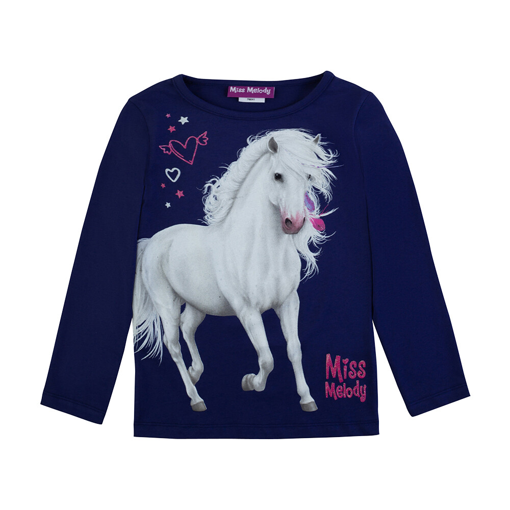 Pull manches longues marine avec cheval blanc et coeur Miss Melody