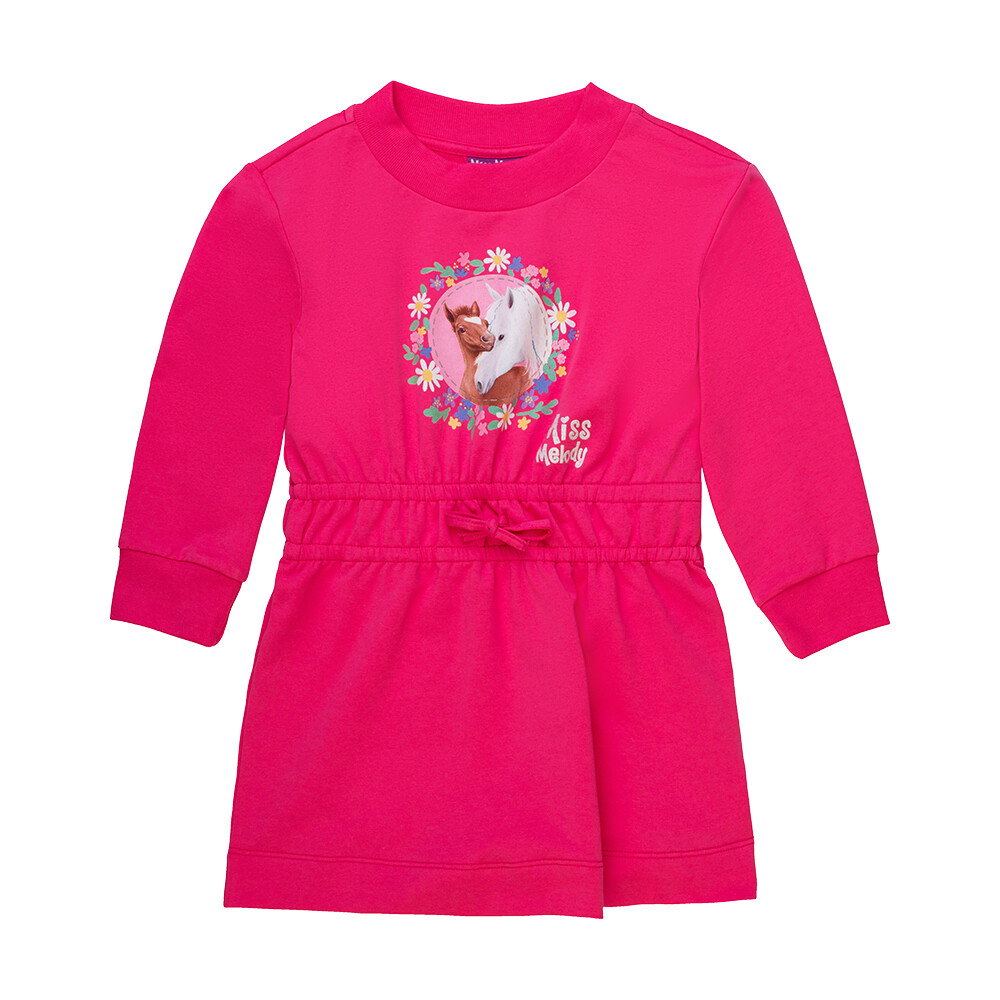 Robe manches longues fuchsia avec médaillon fleuri, cheval blanc avec son poulain Miss Melody, Robe manches longues fuchsia avec médaillon fleuri, cheval blanc avec son poulain Miss Melody: 6 ans